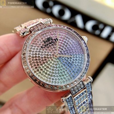 COACH手錶,編號CH00059,34mm玫瑰金圓形精鋼錶殼,彩虹圈時分中二針顯示, 滿天星鑽圈錶面,彩虹色精鋼錶帶