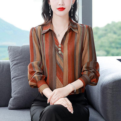 韓版女裝氣質條紋長袖襯衫女春季2024年新款洋氣中年媽媽上衣寬松遮肚襯衣女裝襯衫