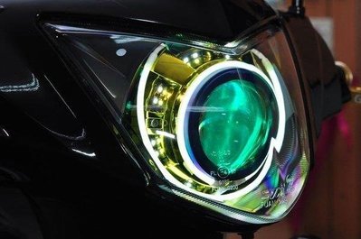 SYM RX GR GT 遠近魚眼HID大燈模組改裝 PVC LED內外光圈 天使眼 惡魔眼 鋼鐵人 電鍍金甲黃飾圈