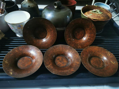 x日本老銅茶托 手工捶打 一套五客