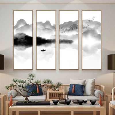 現貨：新中式客廳沙發背景墻四聯水墨裝飾畫茶室中國風禪意山水掛畫壁畫
