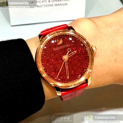 SWAROVSKI手錶,編號SW00005,38mm玫瑰金圓形精鋼錶殼,大紅色滿天星錶面,大紅色真皮皮革錶帶款