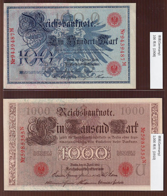 ST053-18【周日結標】1908~10年德國 100+1000元紙鈔(早期珍稀)=共2張 =95~96新無折
