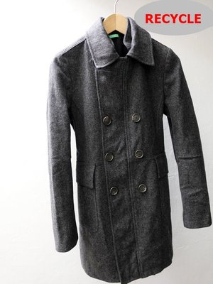 義大利品牌 BENETTON 女款 深灰 雙排扣 羊毛 合身版 軍裝短大衣 42號