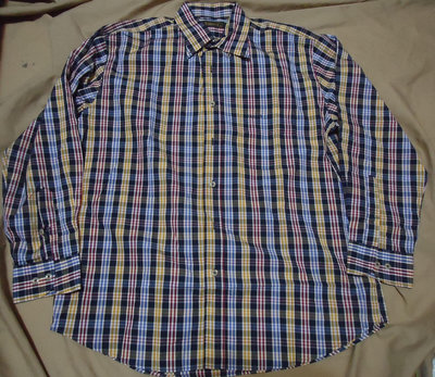 Aramis 日本製紅藍黃黑白格紋長袖純棉襯衫,尺寸3L,肩寬50cm,胸寬61.5cm,少穿降價大出清