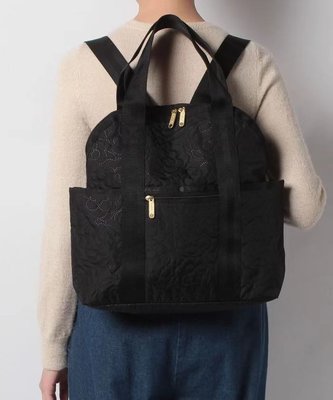 KIKI精選 潮牌LeSportsac 2442兩用雙肩背包手提包可插拉桿箱 合作版 黑壓花現貨特價