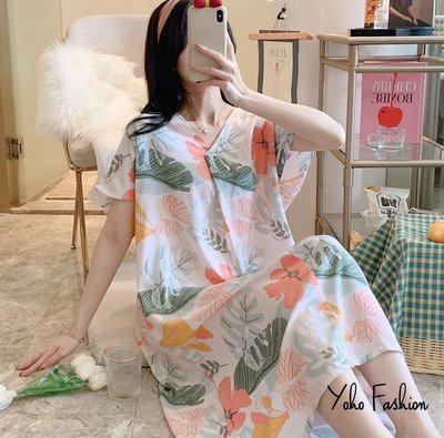 YOHO 居家服 (ODN1690) 日系甜美V領寬鬆涼爽親膚綿綢連身裙 睡衣 睡裙