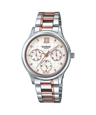 CASIO WATCH 卡西歐都會時尚三眼銀白玫瑰金石英鋼帶淑女腕錶 型號：LTP-E306RG-7A【神梭鐘錶】