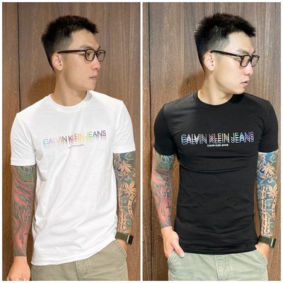 美國百分百【全新真品】Calvin Klein 短袖 T恤 CK T-shirt 短T 彩虹logo 黑/白色 BG59