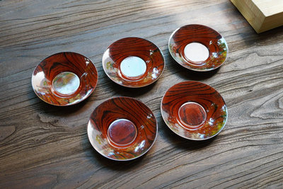 日本回流大漆茶托老樹脂木紋茶托5個