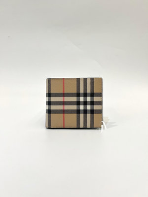 喬萱名品【高雄店】Burberry 米PVC經典格紋黑牛皮8卡對開短夾80495961(JK0799)