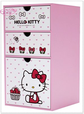 小花花日本精品♥ Hello Kitty 直式三抽置物盒 木製收納櫃 置物櫃 飾品收納盒 粉愛心提籃12022502