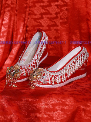 漢唐之家明制手工串珠紅色中式秀禾婚鞋古風古裝漢服新娘結婚鞋女-沐陽家居