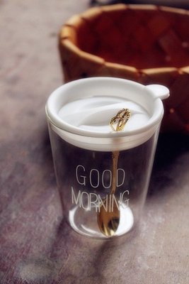 东洋会社 Good morning玻璃牛奶早餐杯 咖啡杯/白蓋金湯匙