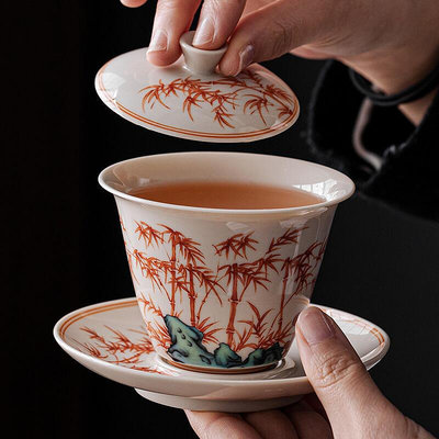 創客優品 礬紅靈芝竹紋三才蓋碗泡茶蓋碗家用中式復古陶瓷功夫茶具茶杯單個CJ2955
