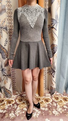 冬季 法式蕾絲羊毛針織毛呢連身裙洋裝