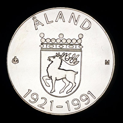 芬蘭奧蘭自治70周年紀念普制銀幣1991年