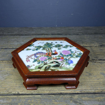舊藏花梨木鑲嵌瓷板畫六角桌子茶桌