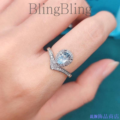 檸檬飾品小屋✨BlingBling✨ 仿天然天空藍托帕石開口戒指 天然橄欖石水滴梨形皇冠戒指