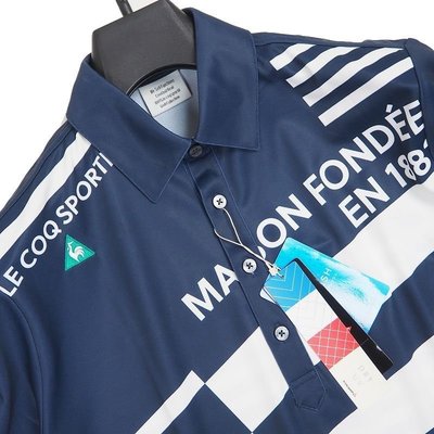 【涉谷GOLF精品】Le Coq Sportif 公雞牌 最新藍色斜白粗細線圖案LL號  保證真品 歡迎購買