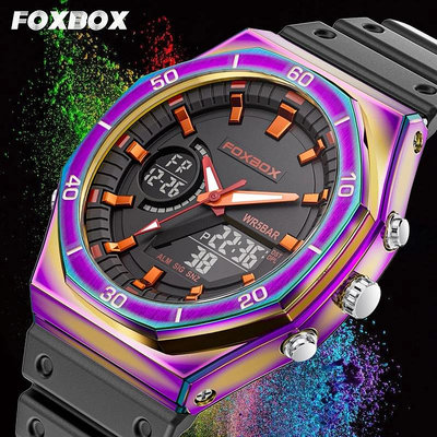 Foxbox 男士運動大錶盤防水數字手錶新款雙顯示屏手錶