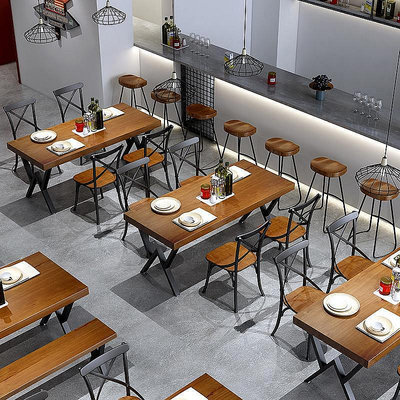 鐵藝復古酒吧燒烤吧音樂餐廳工業風實木餐桌長方形咖啡廳桌椅組合