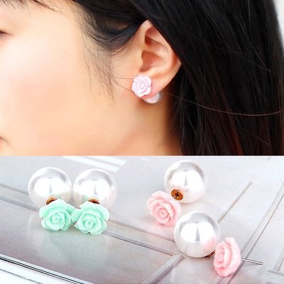 ╭✿蕾兒0509✿╮AB028-韓國粉嫩馬卡龍玫瑰花雙面珍珠大力丸前後扣耳釘耳環耳飾品