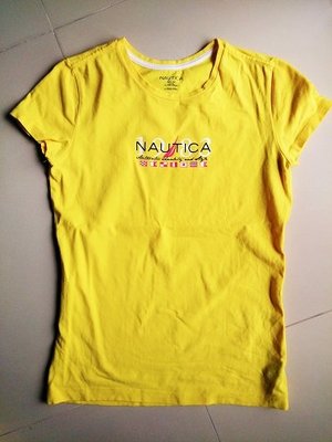 (((特價出清!!))) 二手 ~ 美國 NAUTICA 胸前字樣 亮黃色 彈性棉T (XXL16)