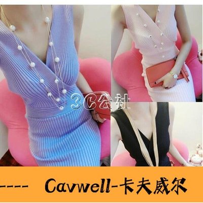 Cavwell-春夏新款韓版歐美交叉無袖性感夜店深V領修身針織包臀打底洋裝-可開統編