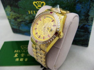 HUANT WATCH 瑞士自動上鍊eta機蕊勞力士款金色高級滿天星中排精鑽男腕錶型號:HR751G-1