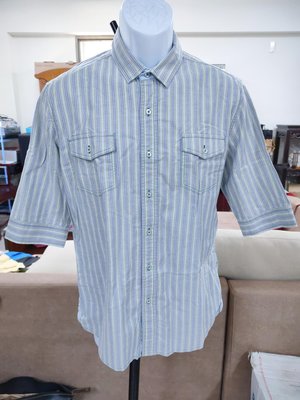 (二手九成新)AIGLE藍綠條紋五分袖窄版襯衫(XL)(B577)