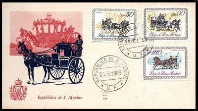 【KK郵票】《外國首日封》1969聖馬利諾馬車郵票紀念封,品相如圖。