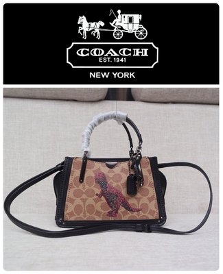 小鹿美國精品代購 COACH 76011 新款Dreamer系列女士小號手提包 恐龍印花圖案單肩斜挎包 附購證