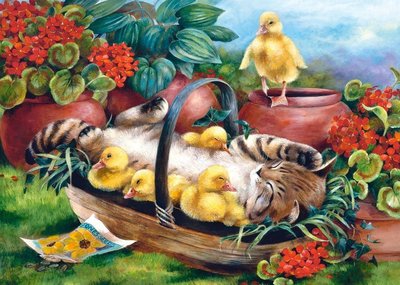 歐洲拼圖 CAS 風景繪畫  花園裡貓咪與黃色小鴨 1000片拼圖，102877