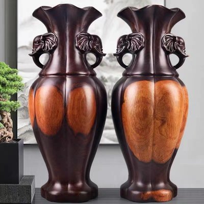 黑檀木太平有象擺件木雕花瓶一對客廳玄關隔斷裝飾辦公桌喬遷禮品