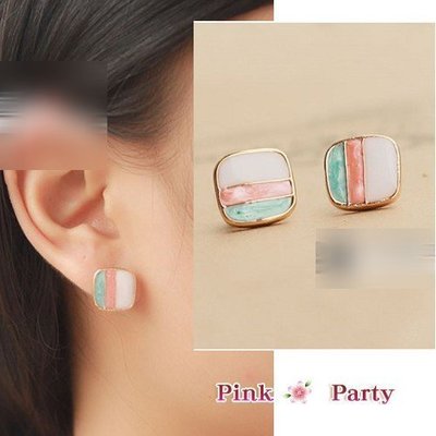 (轉賣) 可愛方型方塊 彩色滴油條紋夾式耳環 耳夾 EH066 PinkParty❤韓系飾品