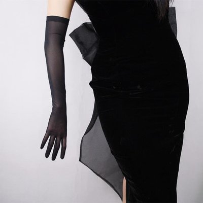 特賣-黑絲手套52cm超長款高彈性蕾絲網紗半透明純黑色禮服婚紗觸屏