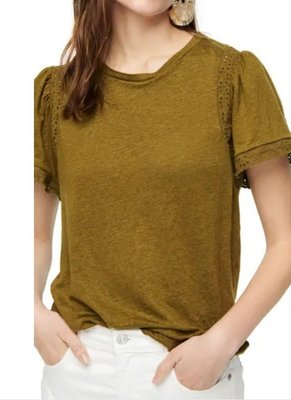 Flutter-sleeve linen T-shirt with lace trim