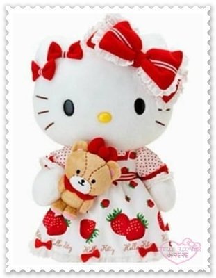 ♥小公主日本精品♥ Hello Kitty 紅色蝴蝶結 草莓 洋裝 站姿 緞帶 小熊 娃娃 玩偶 50117604