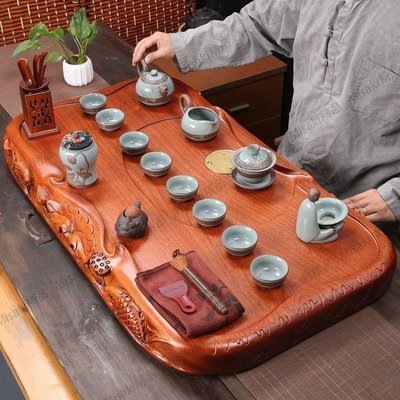 熱賣 花梨木茶盤現代家用整塊實木茶具中式純銅排水茶海大小號茶臺托盤-