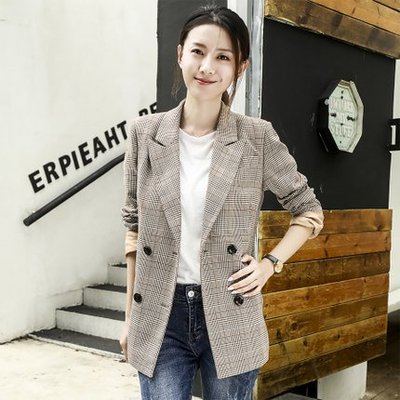 韓國復古ins格紋小西裝 格子西裝外套 修身顯瘦好搭配