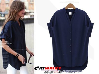 台灣現貨 Catwalk's- 歐美風小立領時尚蝙蝠袖顯瘦短袖優質雪紡襯衫 ( 深藍色、白色 ) S-XXL