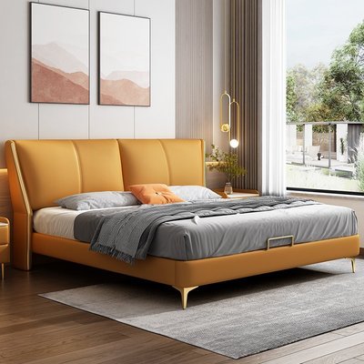 特賣-輕奢真皮床現代簡約主臥室2米x2米大床意式極簡皮藝床軟包床婚床