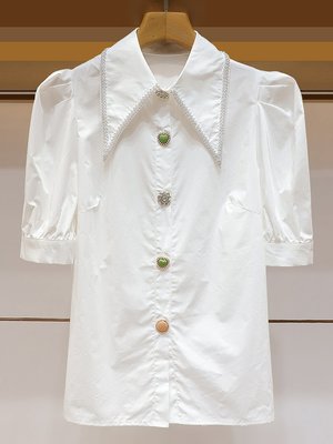 『TANG KOREA 正韓』夏新款珍珠娃娃領泡泡袖白色襯衫