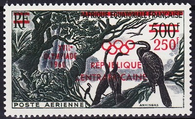 古玩錢幣收藏（可議價）中非共和國 1960年 鳥類 奧運會加蓋 改值 岡東 雕刻版 1全 MNH