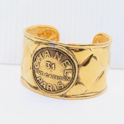 Chanel vintage香奈兒復古31 RUE CAMBON字母金黃色經典菱格紋古董手鐲 手環 粗手環 粗手鐲