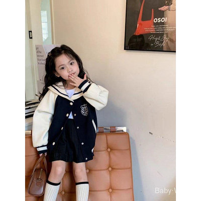 【】Baby·Wong女童韓版學院風外套翻領棒球服春秋裝兒童洋氣運動寶寶上衣