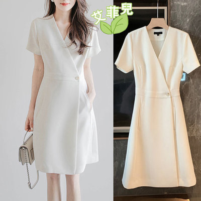 米白色收腰顯瘦洋裝~~艾菲兒=現貨、韓版、預購