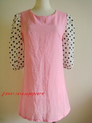 粉紅色可愛點點袖子可愛甜美日系洋裝薄款連身裙