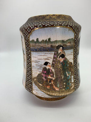 日本薩摩燒花瓶擺飾手繪四面開窗人物山水盛付工